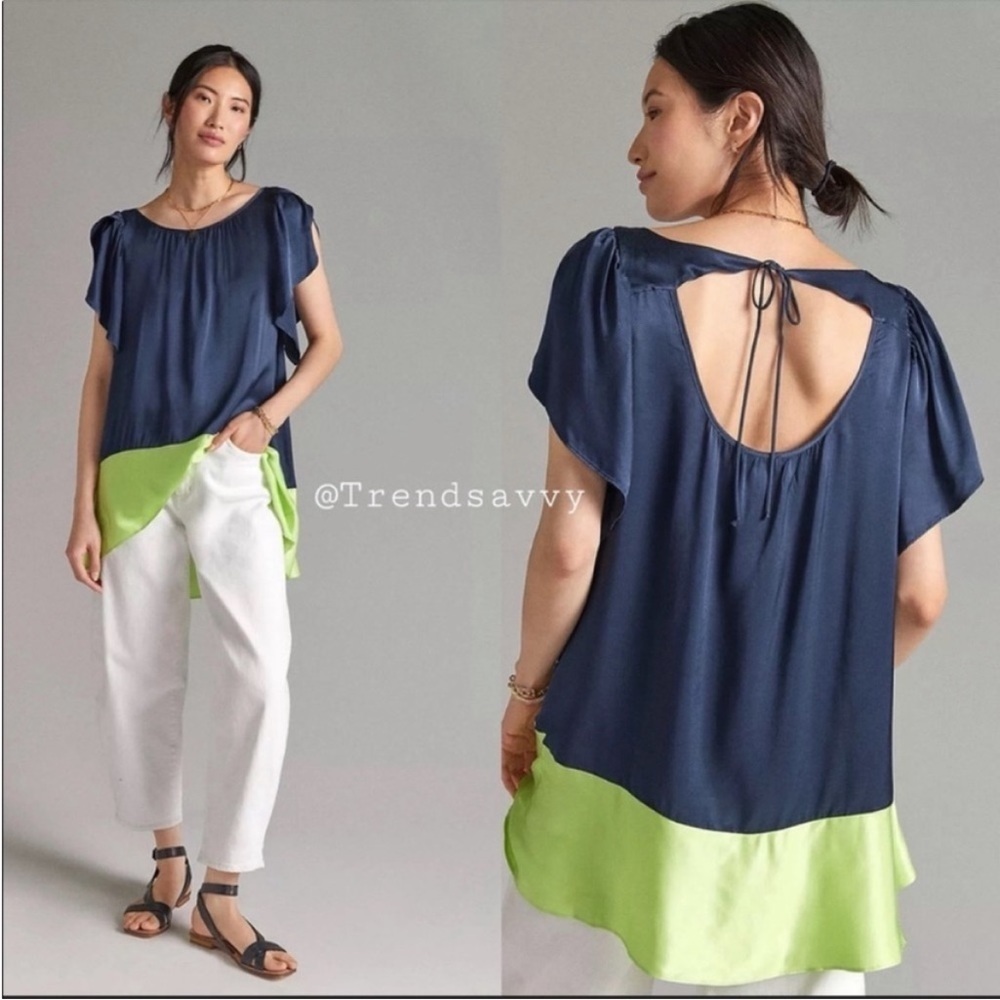 Anthropologie Maeve Colorblock Tie Back Tunic Blouse Navy Green Open Back Top